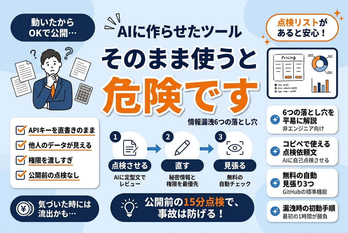 AIに作らせたツールのセキュリティ点検を行う中小企業のイメージ