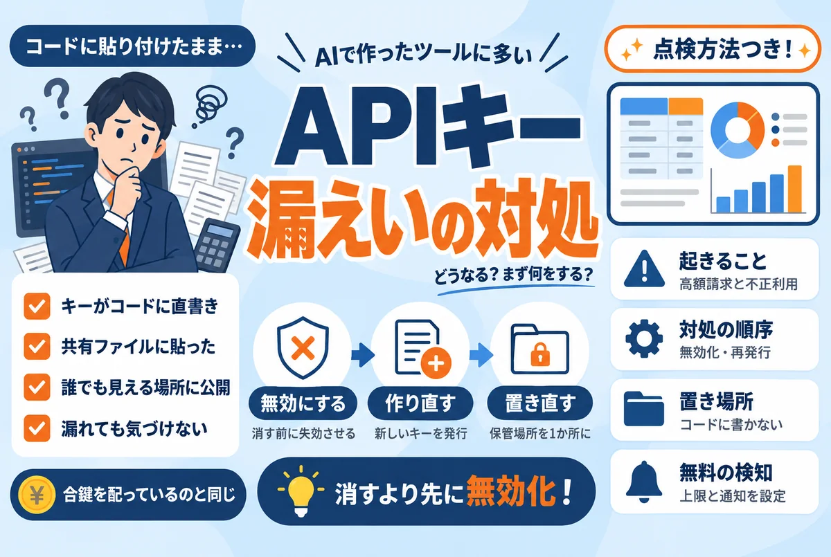 APIキーの漏えい対処と安全な管理のイメージ