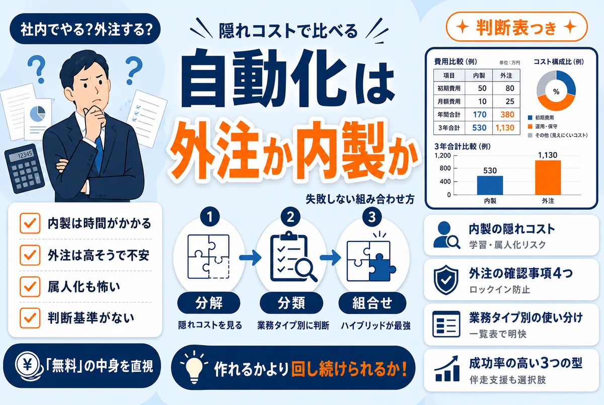 業務自動化の外注と内製を比較するイメージ