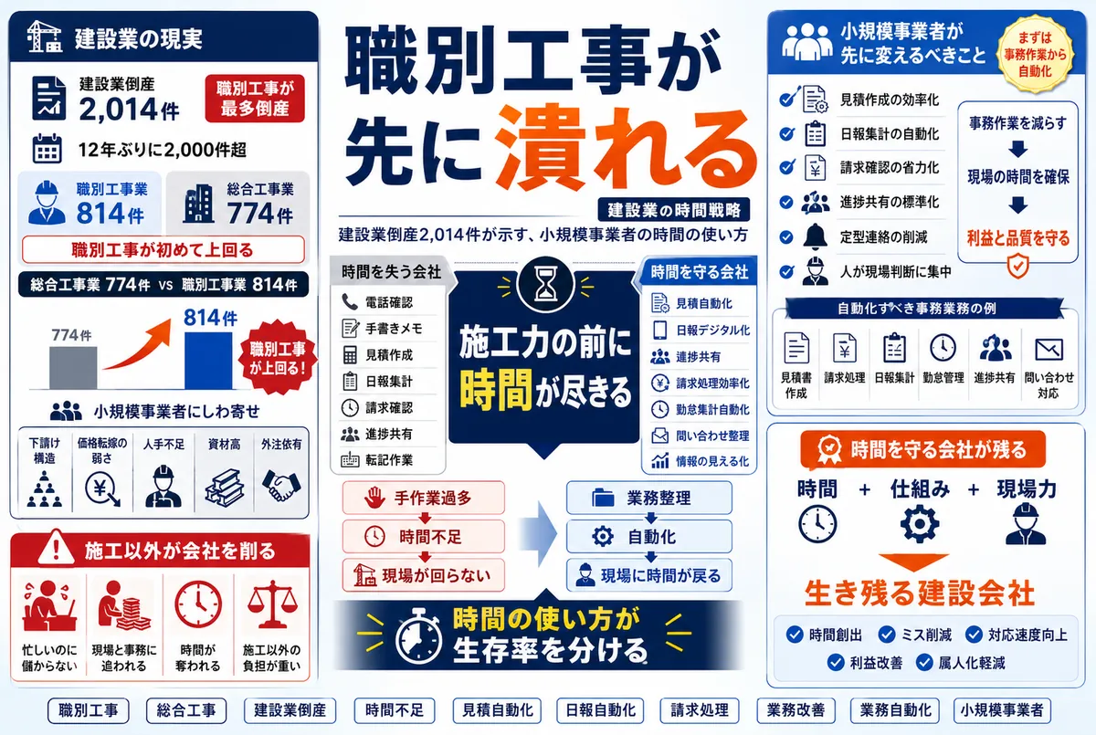 職別工事の倒産が総合工事を初めて上回った|施工力が希少なら、事務に溶かしてはいけない