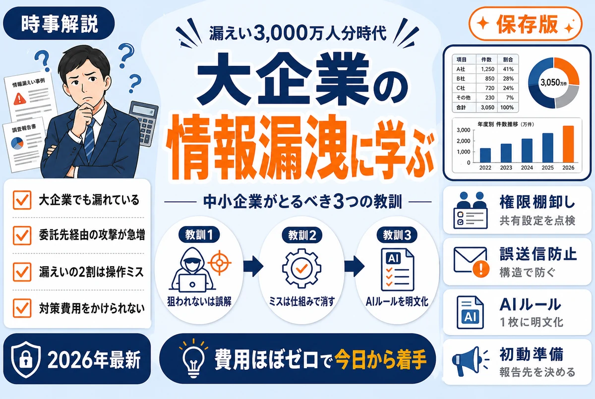 大企業の情報漏洩事例と中小企業の対策のイメージ