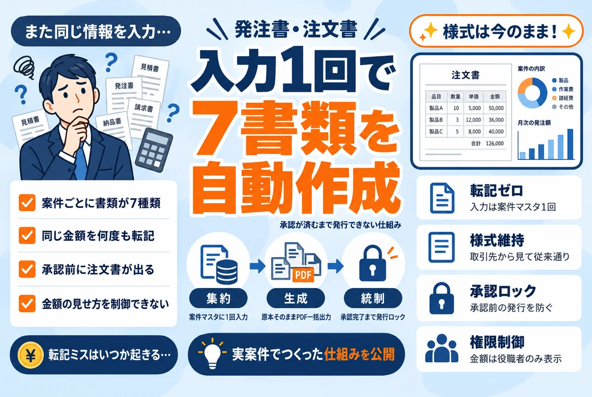 Excelで複数の社内書類を自動作成するイメージ