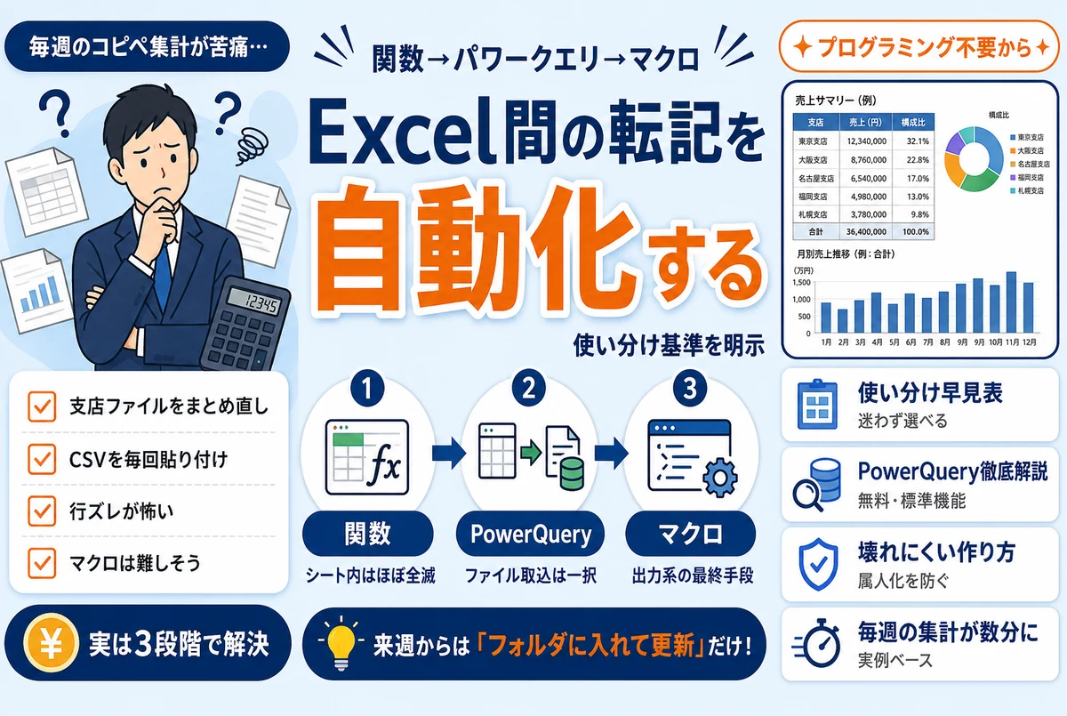 Excel間の転記を自動化するイメージ