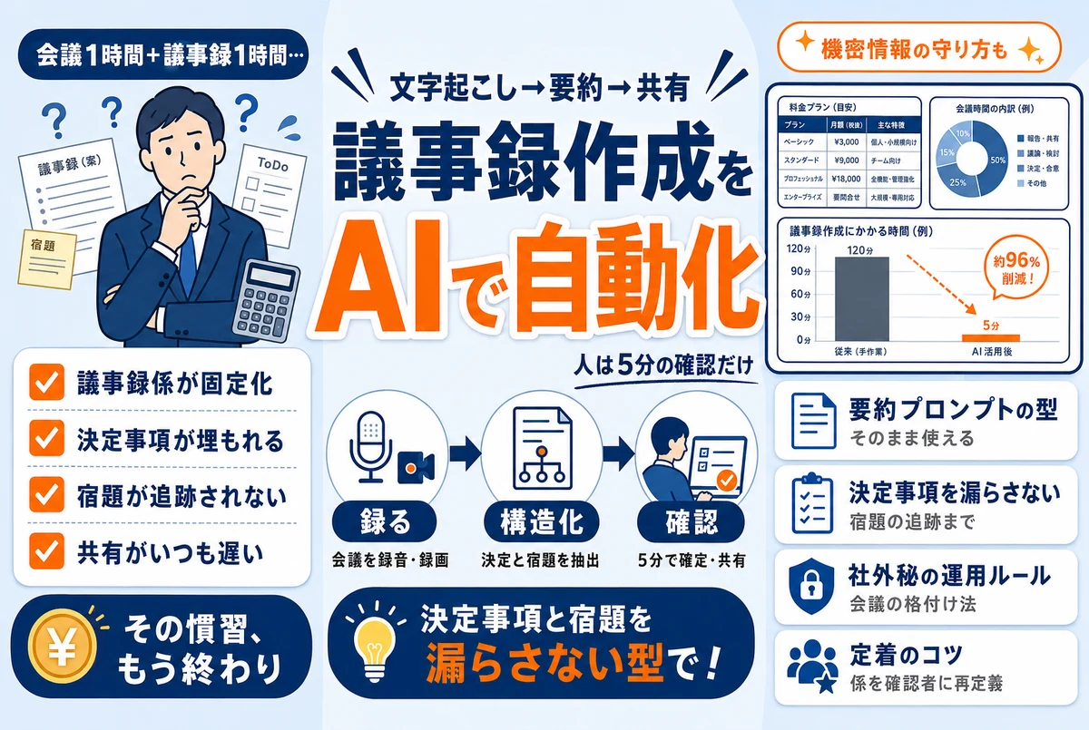 議事録作成をAIで自動化するイメージ