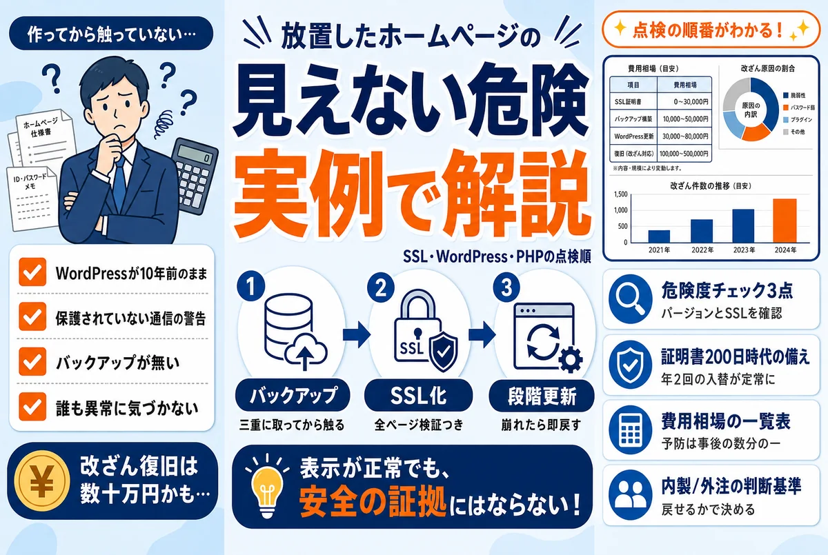 放置されたホームページのリスクを点検するイメージ