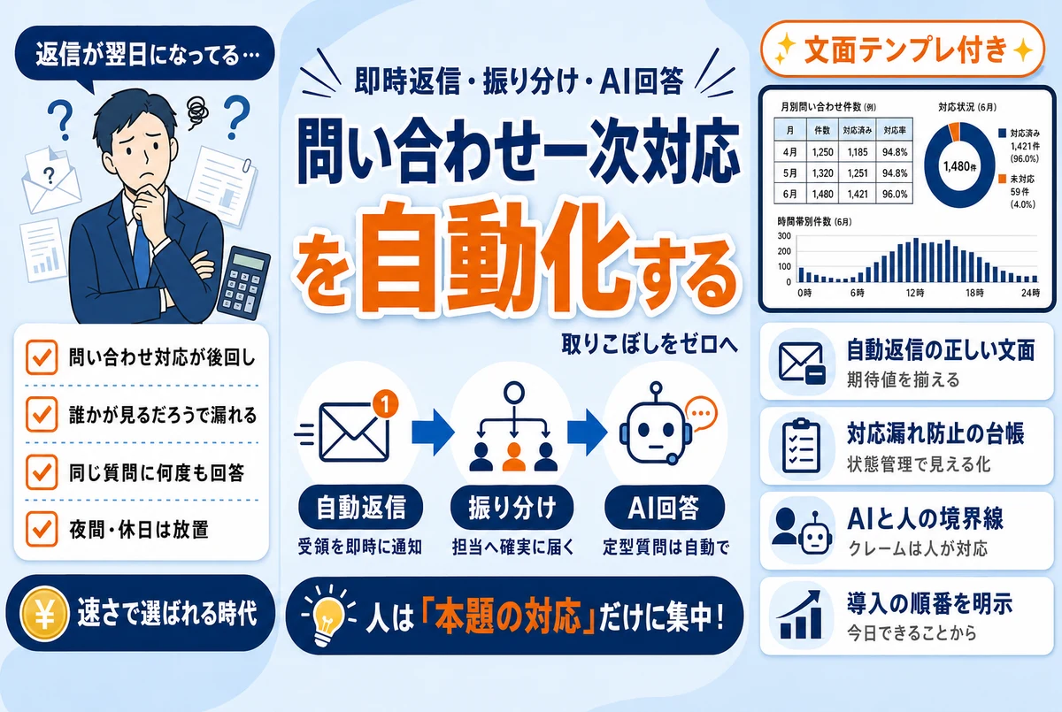 問い合わせ一次対応を自動化する方法|即時返信・振り分け・AI回答の設計