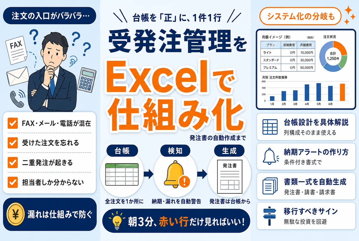 受発注管理をExcelで仕組み化する|台帳設計から発注書自動作成・システム化の分岐まで