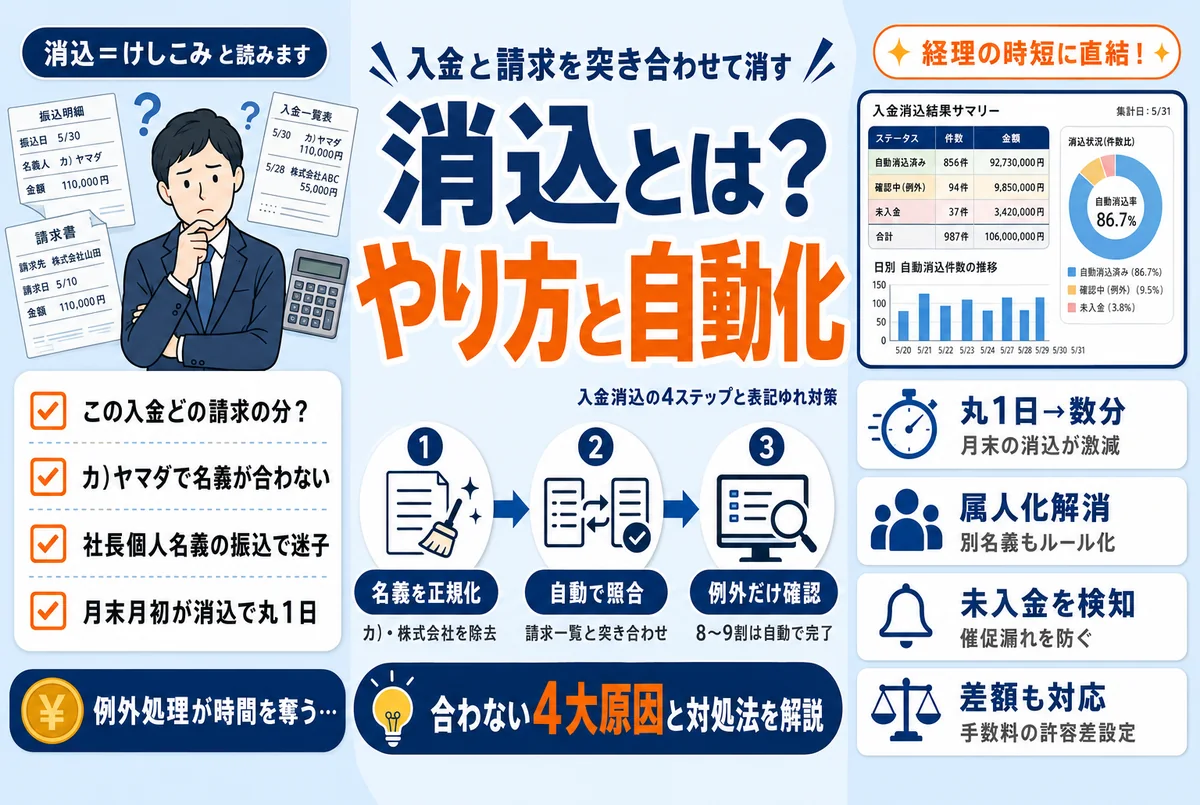 入金明細と請求一覧を突き合わせて消し込んでいく入金消込のイメージ