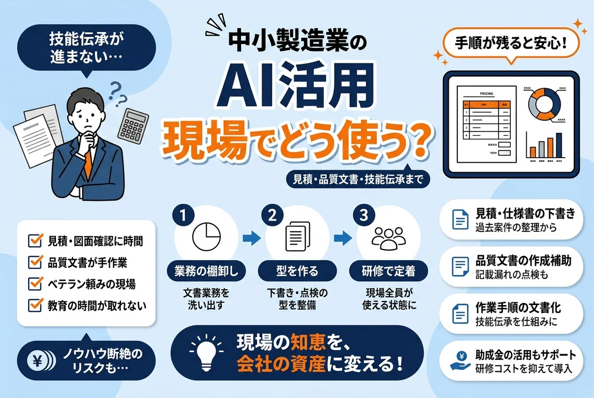 町工場の受発注事務や品質文書作成、技能伝承をAIで効率化するイメージ