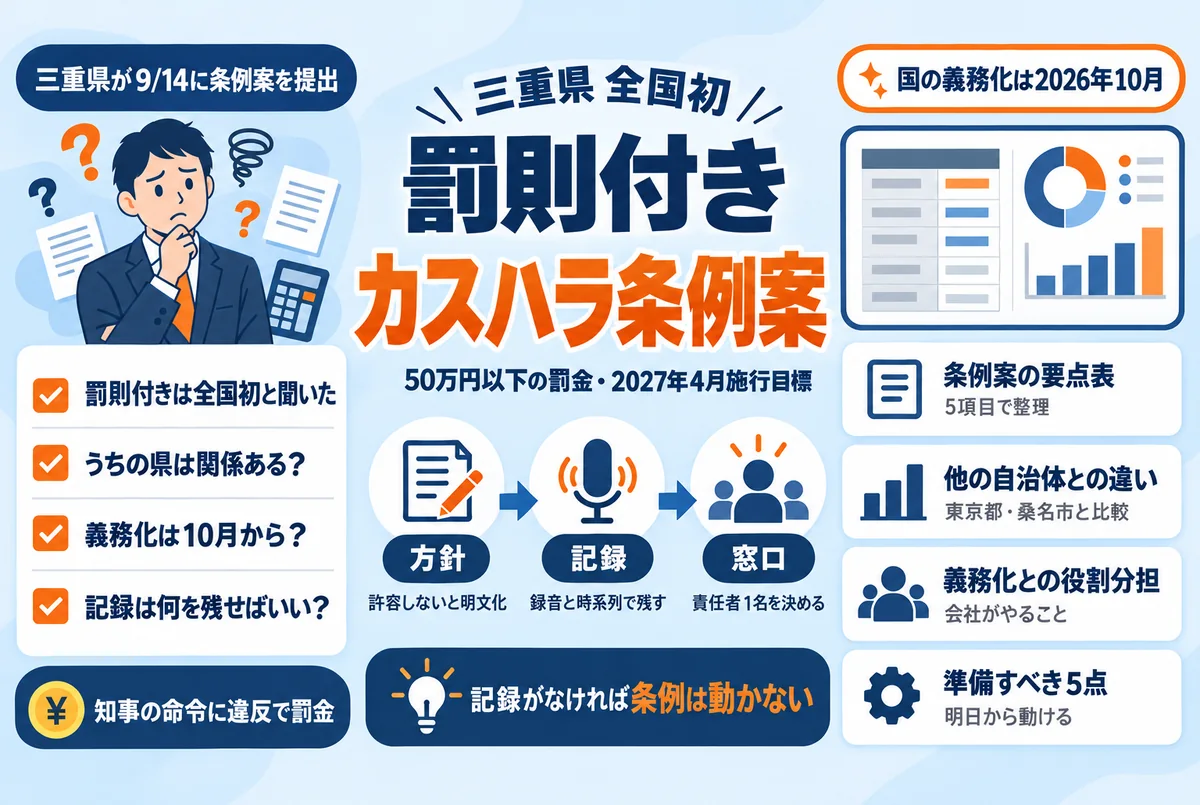 三重県の罰則付きカスタマーハラスメント防止条例案の仕組みと、中小企業が準備すべきことを整理するイメージ