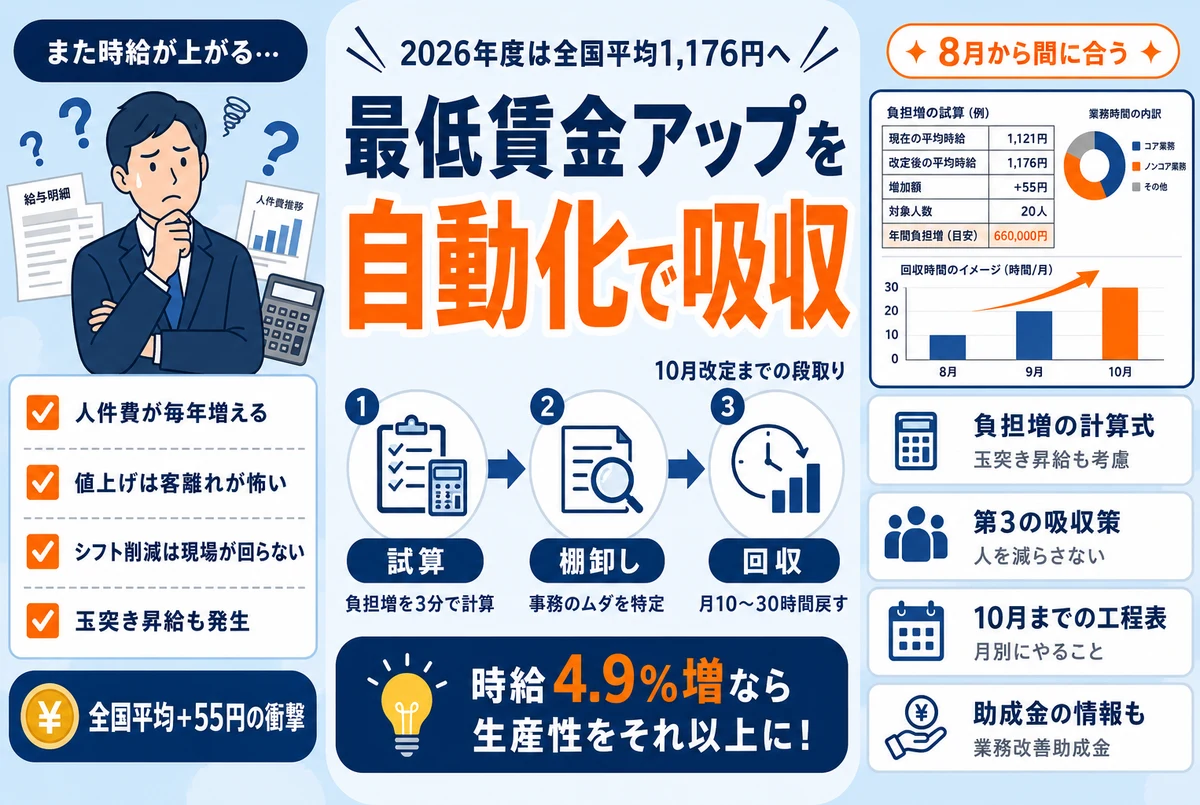 最低賃金2026年度は全国平均1,176円へ|+55円の人件費増を自動化で吸収する考え方