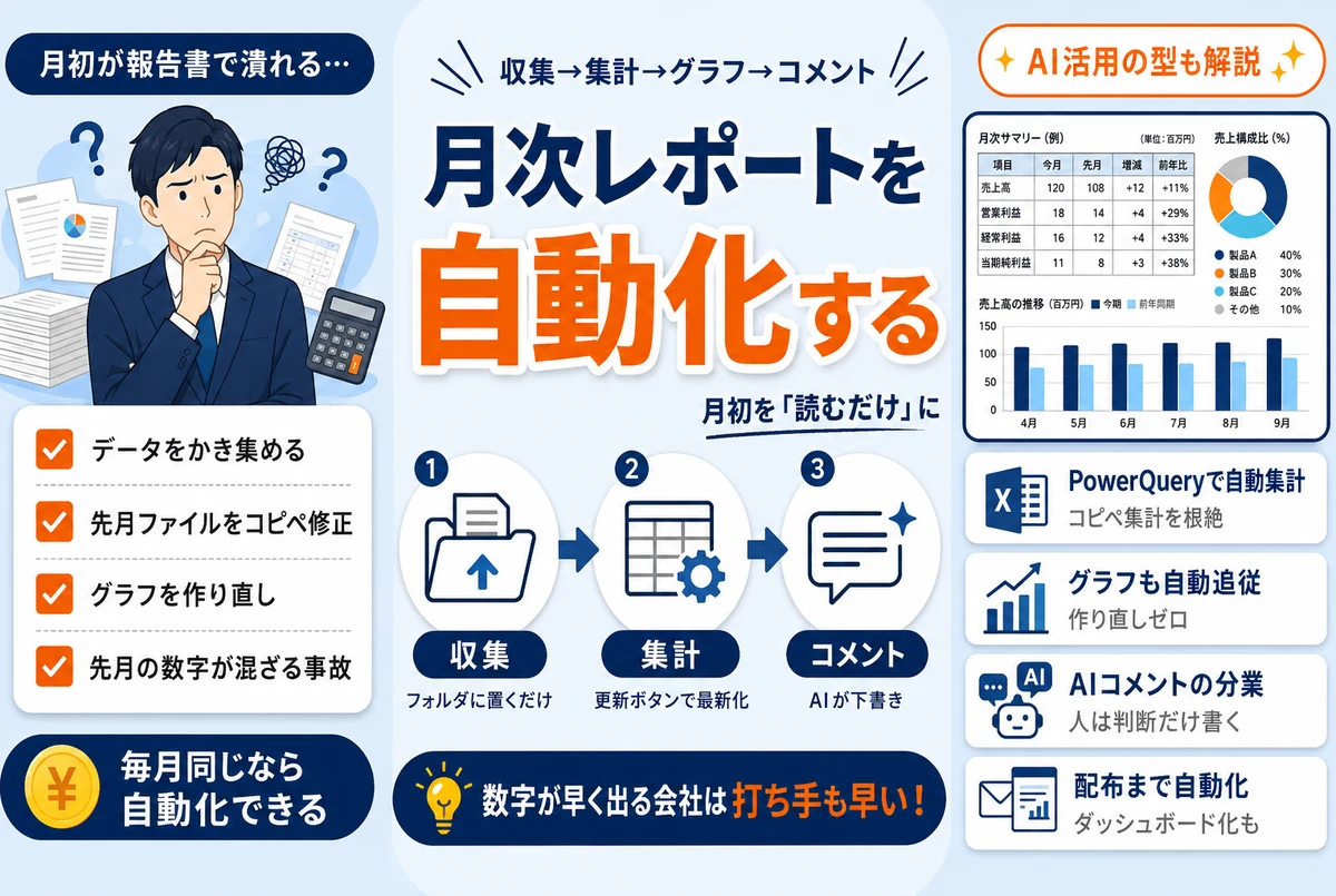 月次レポート作成を自動化する方法|集計・グラフ・コメントまで仕組みにする