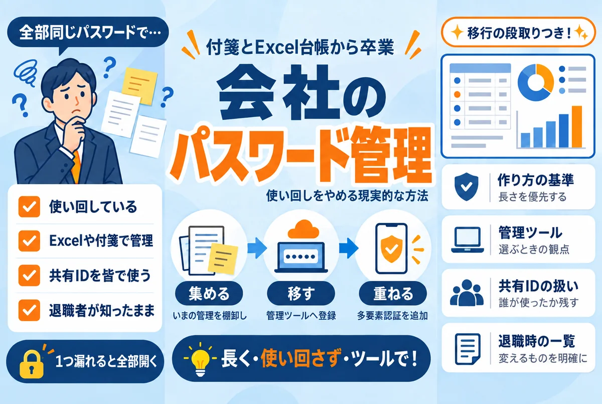 会社のパスワード管理はどうする?使い回しをやめる現実的な方法と移行手順