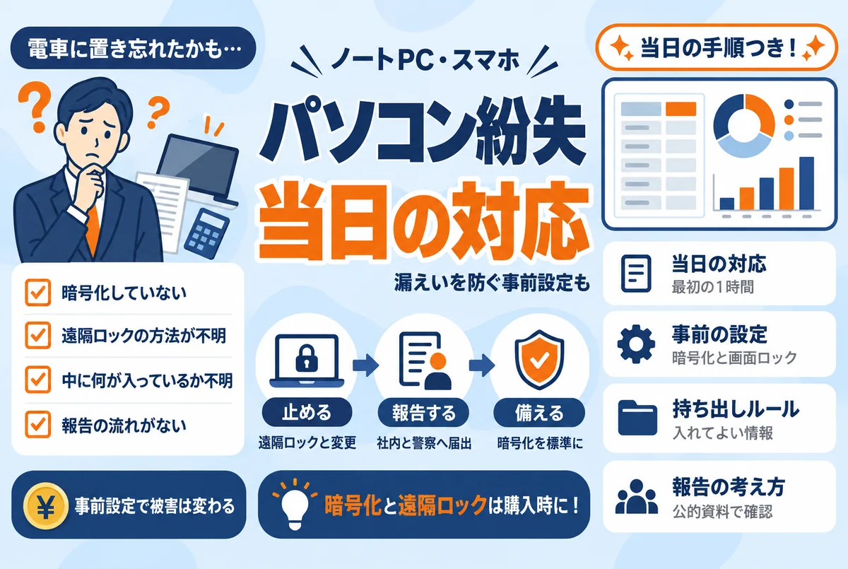 会社のパソコンを紛失したら|情報漏えいを防ぐ事前設定と当日の対応