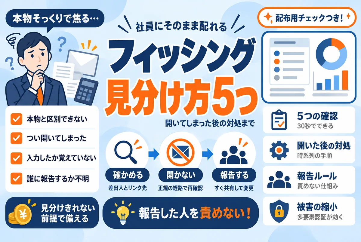 フィッシングメールの見分け方|社員に配れる5つの確認と開いた後の対処