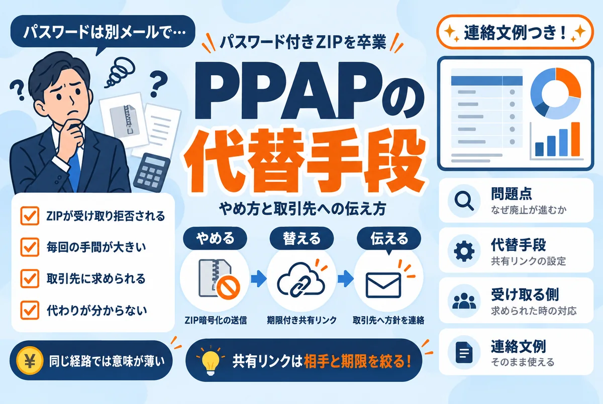 PPAPの代替手段は?パスワード付きZIPをやめる方法と取引先への伝え方