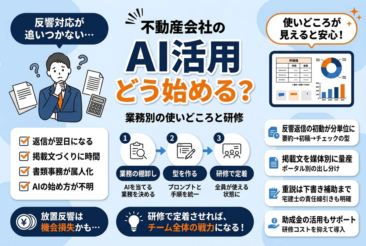 【2026年版】不動産会社のAI活用|反響対応から契約書類まで実務で使う