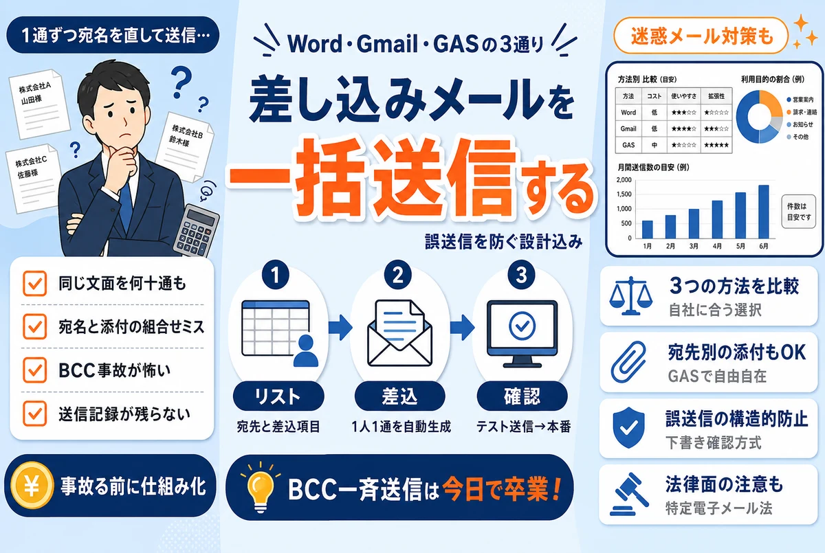 差し込みメールを一括送信する方法|Word・Gmail・GASの3つのやり方と注意点