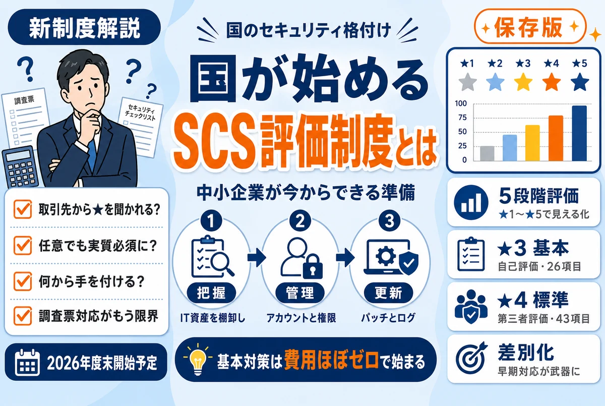 SCS評価制度の5段階評価と中小企業の準備のイメージ