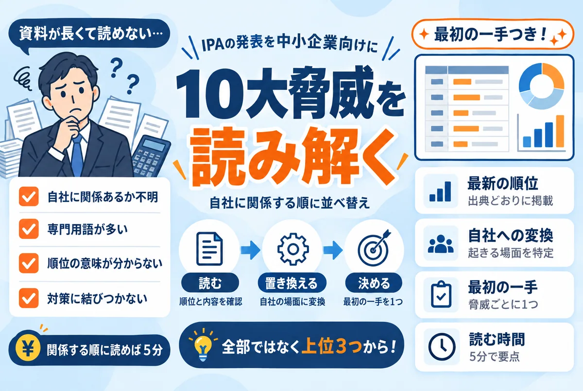 情報セキュリティ10大脅威を中小企業向けに読み解く|自社に関係する順