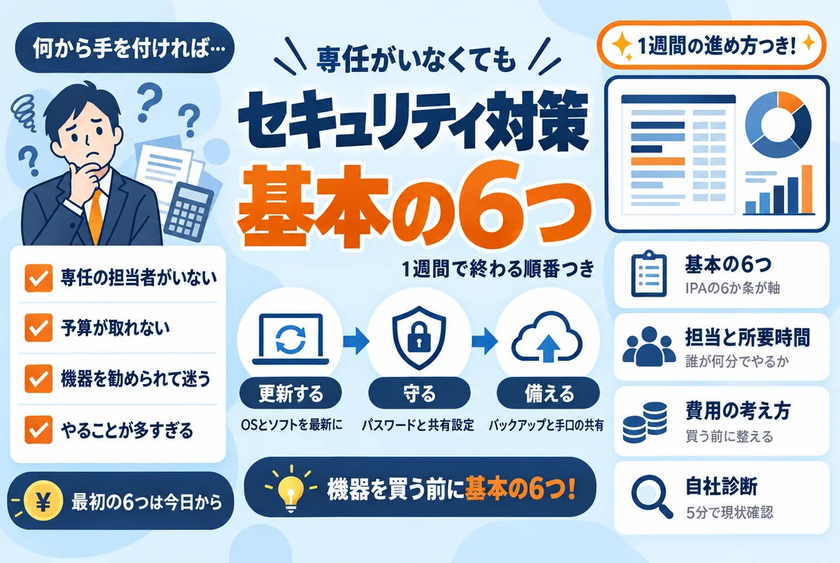 中小企業が最初に取り組むセキュリティ対策の基本6つのイメージ