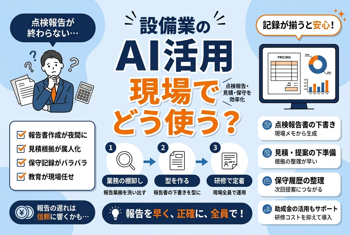 設備会社の点検報告書作成や保守契約運用でAIを活用するイメージ
