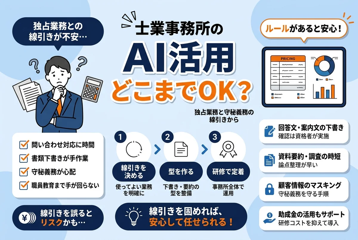 士業事務所で顧問先対応や文書作成をAIの下書きで効率化するイメージ