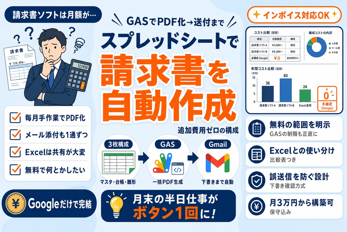 スプレッドシートとGASで請求書を自動作成するイメージ