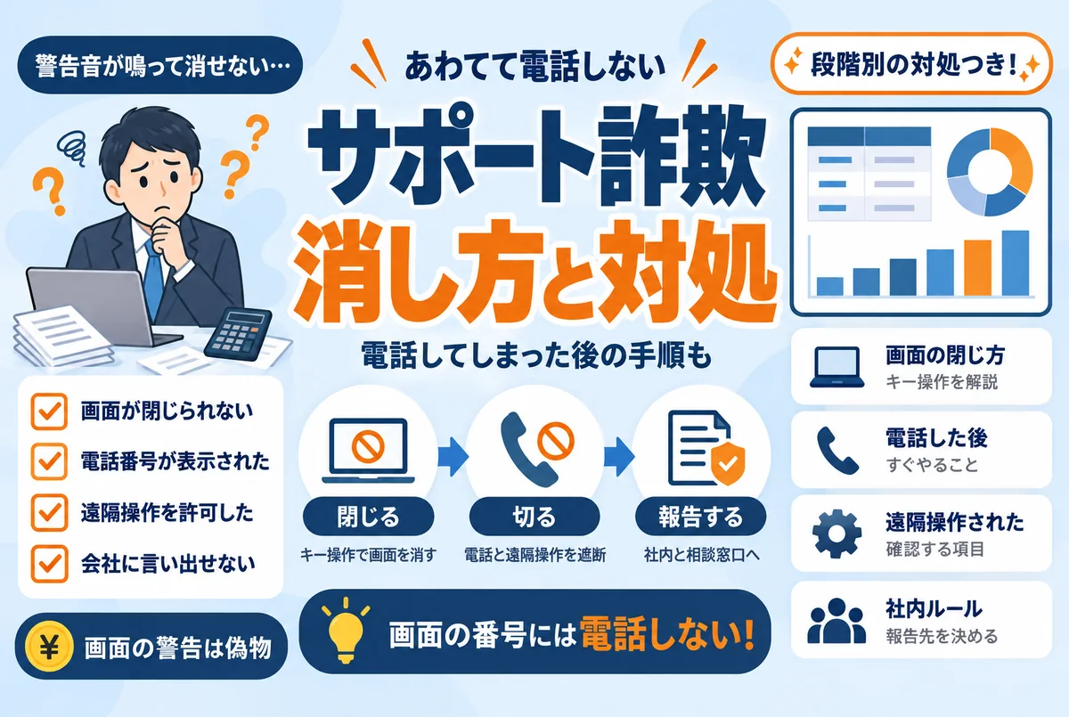 サポート詐欺の警告画面が出たら|消し方と電話してしまった後の対処