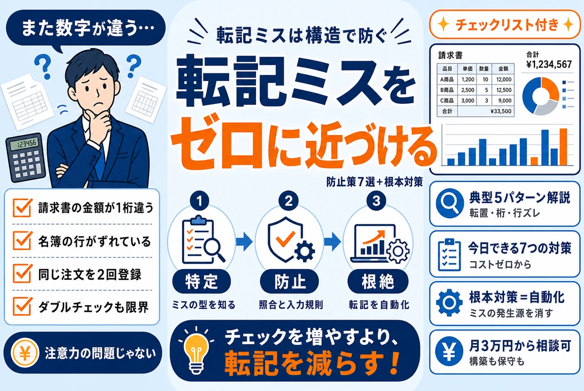 転記ミスを防ぐチェックと自動化のイメージ