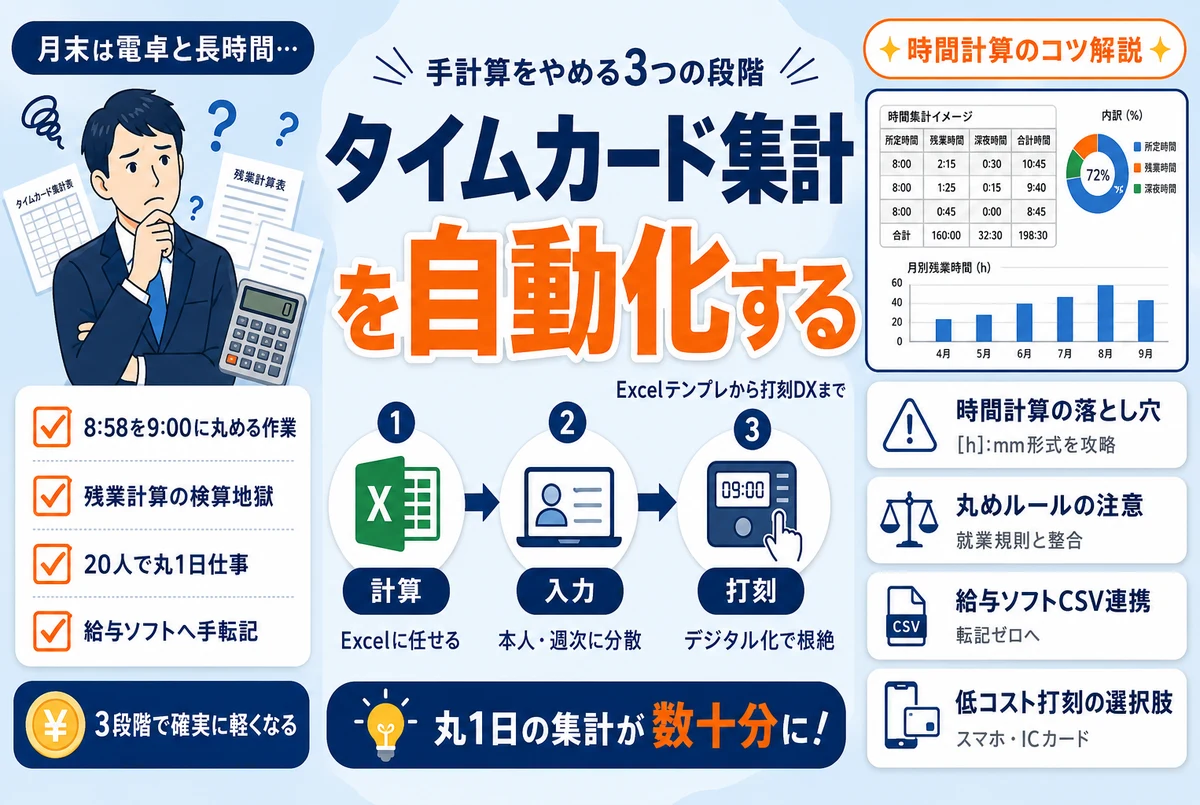 タイムカード集計を自動化する方法|手計算をやめる3つの段階