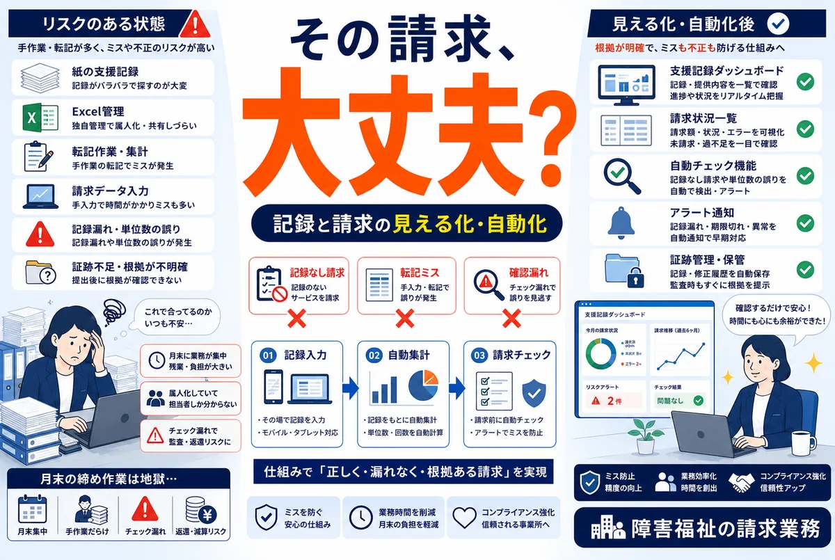 障害福祉の不正受給80億円|記録と請求の“見える化・自動化”でミスも不正も防ぐ
