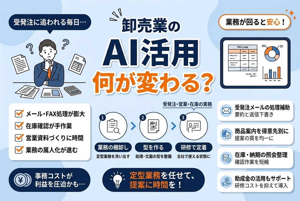 卸売業・商社の受発注や営業業務でAIを活用するイメージ